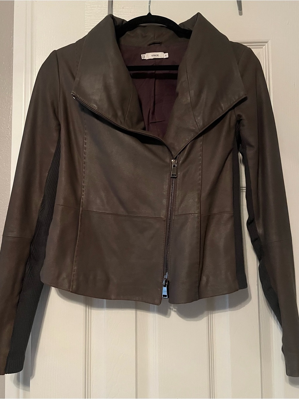 Vince Greyish Brown Leather Asymmetrical Zip Moto Jacket